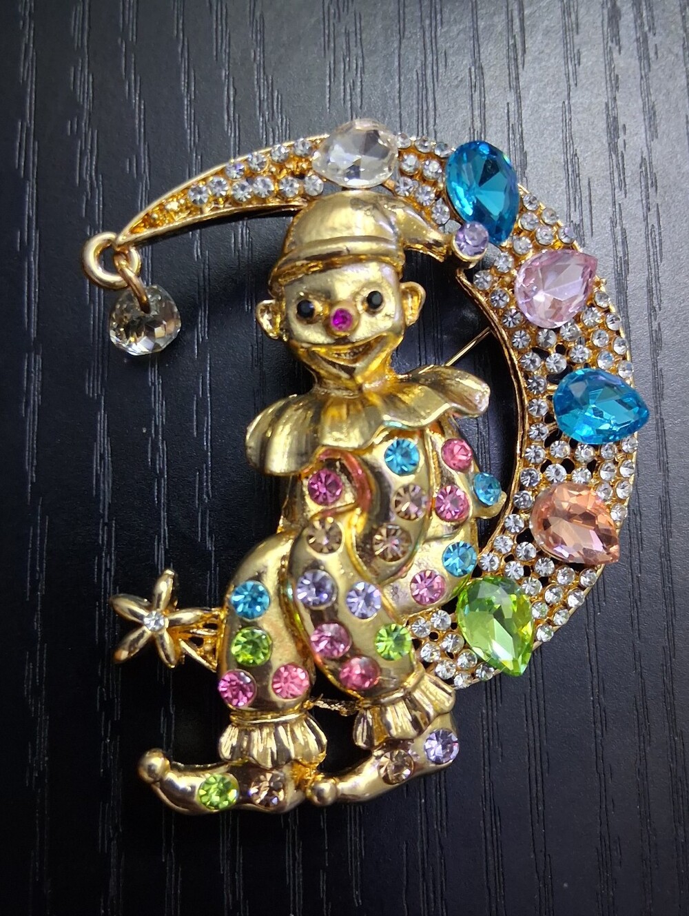 *Limited Edition* Multicolor Jeweled Clown on Crescent Moon Gold Brooch/Pendant